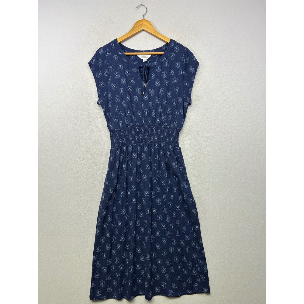 Boho Market & Spruce Womens Medium Blue Floral Smocked Midi Dress Modest Travel